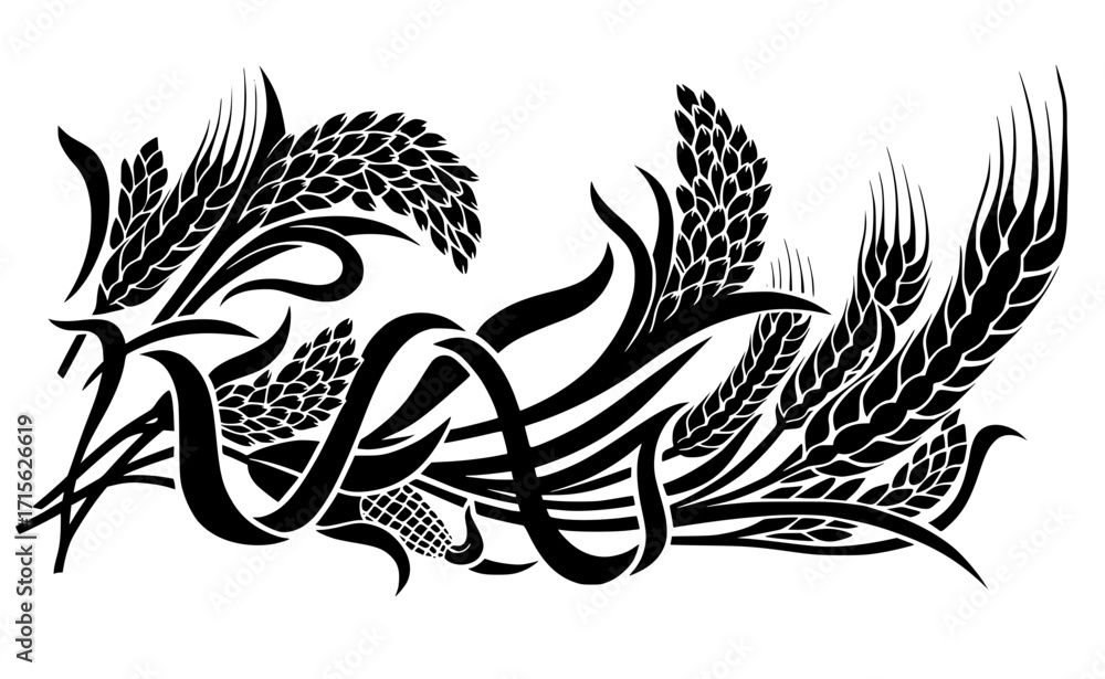 Obraz premium black wheat stalks with flowing like a ribbon. Perfect for agriculture, organic food, bakery logos, harvest festivals and grain industry branding. 
