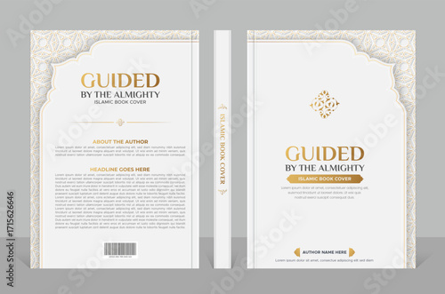 Arabic Islamic style white and golden book cover design with decorative pattern and border