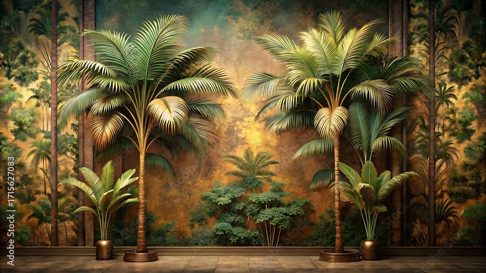 Fototapeta premium Lush palm trees stand tall against a textured wall adorned with jungle foliage and tropical motifs