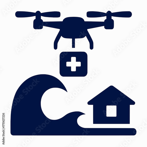 A vector design of a drone delivering medical supplies to a remote disaster area, in solid colors with a white background