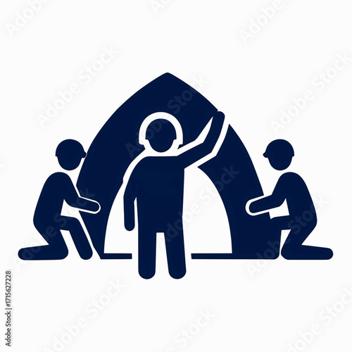 A vector illustration of a disaster response team setting up a temporary shelter, in solid colors on a white background