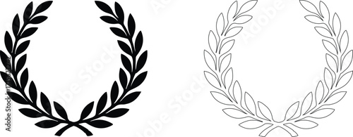Laurel wreath icon set. Black circular laurel olive branches greek wreath. Vintage laurel wreaths. Winner award of olive leaves, stars of victory, achievement heraldry symbol. Vector illustration.