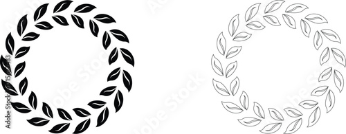 Laurel wreath icon set. Black circular laurel olive branches greek wreath. Vintage laurel wreaths. Winner award of olive leaves, stars of victory, achievement heraldry symbol. Vector illustration.