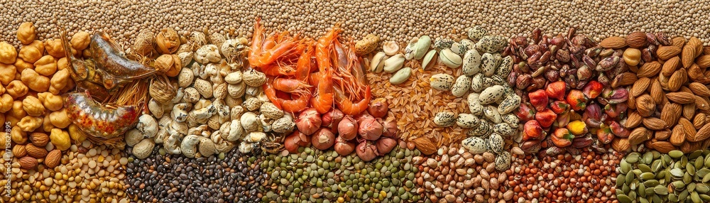 Naklejka premium Mixed Dried Legumes, Nuts, Seeds, and Spices Variety