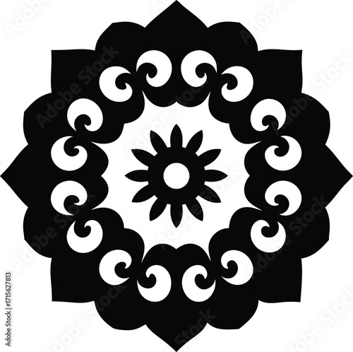 detailed ornate mandala design, intricate symmetrical pattern, black and white
