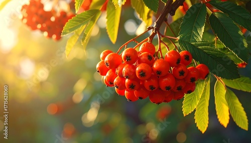 Clusters of vibrant orange-red berries hang from branches, bathed in warm sunlight, against a backdrop of out-of-focus greenery.