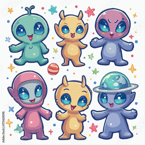 Adorable Alien Friends Cute Cartoon Space Creatures Set