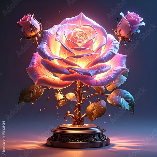 A magnificent, glowing rose, intricately detailed and illuminated from within, sits upon a decorative pedestal, casting soft light.