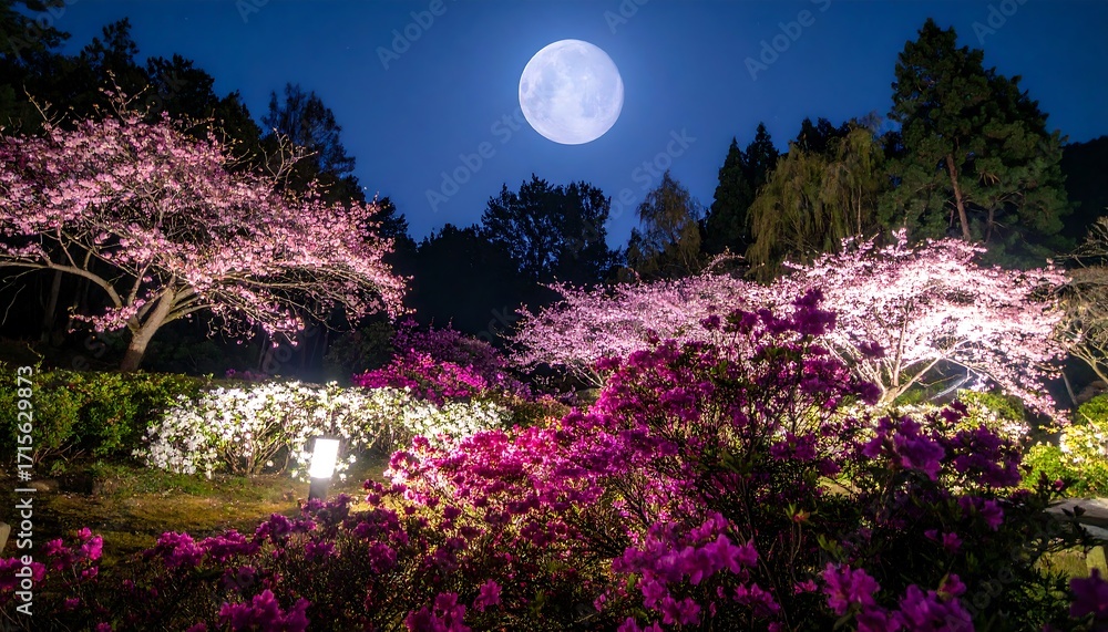 Obraz premium Illuminated cherry blossoms and azaleas at night under a full moon