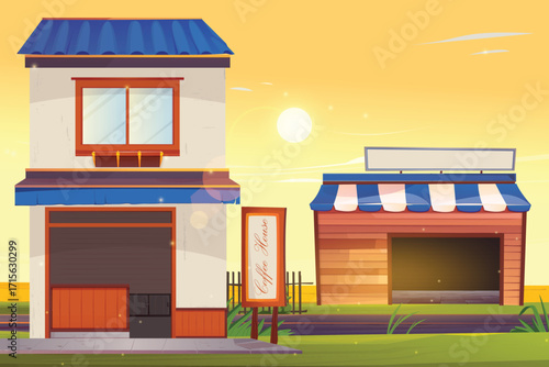 Illustration of a coffee shop with a view of rice fields