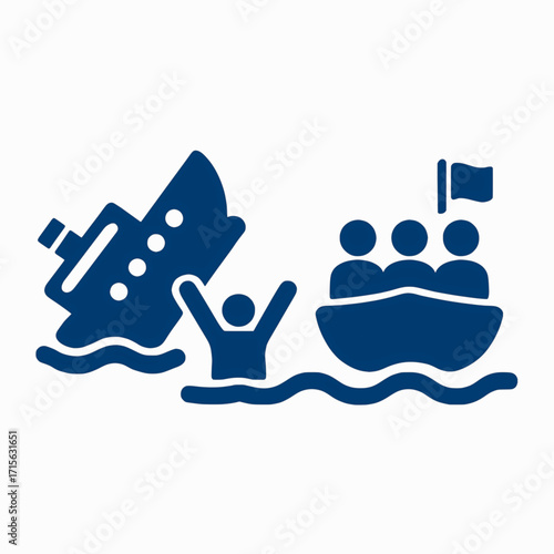 A vector graphic of a lifeboat rescuing people from a sinking ship, in solid colors on a white background