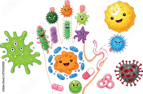 Cartoon Hand Covered with Bacteria, Germs, Viruses