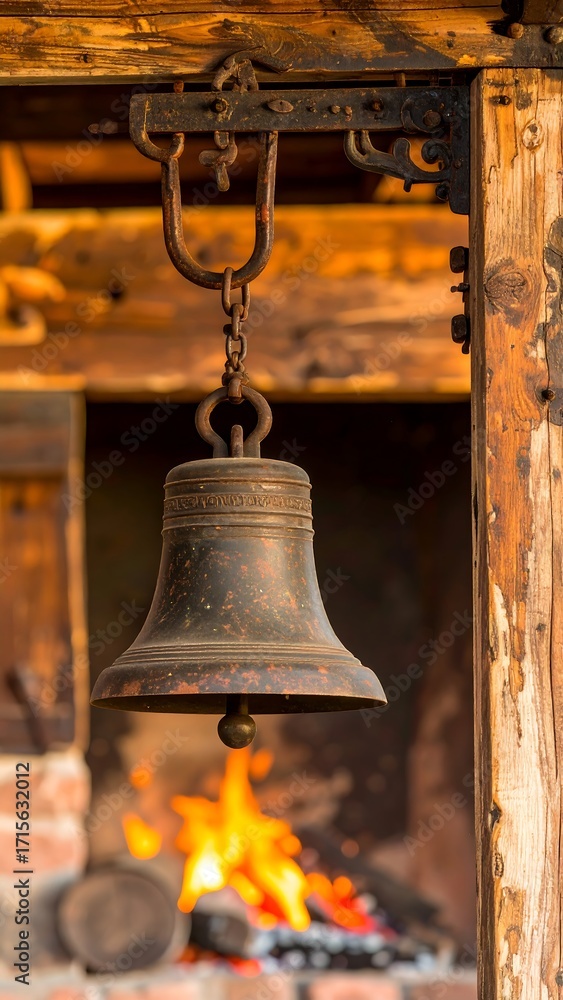 Obraz premium Rustic antique bell hanging over a fire