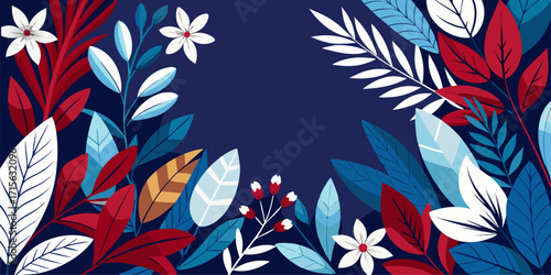 The contrasting use of cool blue and warm red gives this artwork a dynamic and modern feel. The vibrant tropical foliage is visually striking against the dark blue background.
