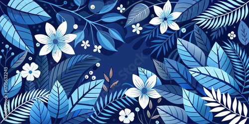 A beautiful illustration of stylized lush foliage and bright white flowers in varying shades of deep blue. Framed by bright blue foliage and soft white flowers, this work creates a nighttime or deep-s