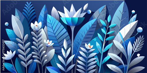 A beautiful illustration of stylized lush foliage and bright white flowers in varying shades of deep blue. Framed by bright blue foliage and soft white flowers, this work creates a nighttime or deep-s