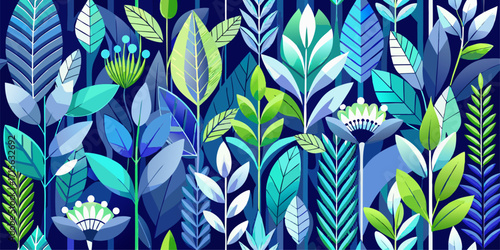 This brightly styled illustration features a variety of leaves in varying shades of blue and green, set against a deep indigo background. The artistic pattern creates a lush and cool atmosphere.