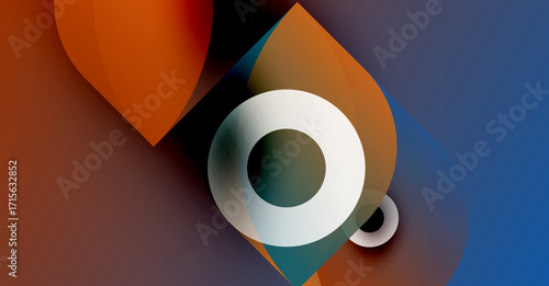 Abstract shapes overlap, creating vibrant color gradients. Orange, blue, teal hues dominate composition. White circles add contrast, depth.
