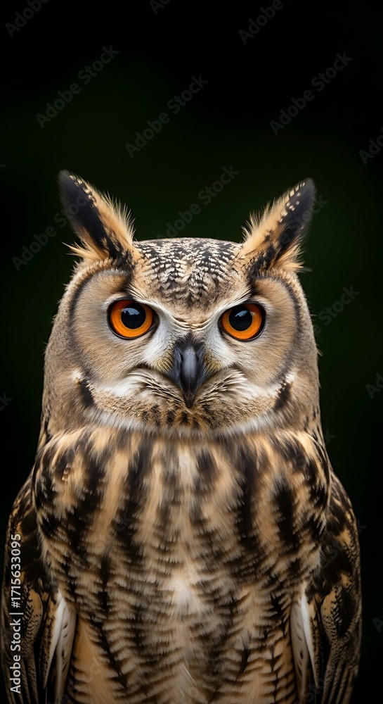 Fototapeta premium A close-up portrait of an owl, showcasing intricate plumage patterns and piercing orange eyes against a dark backdrop.