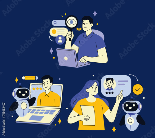 Hiring set. Characters use artificial intelligence technology for business recruitment process, job searching, interview. Human recourses concept. Vector illustration.