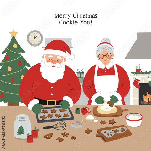 Christmas scene of Santa and Mrs Claus baking