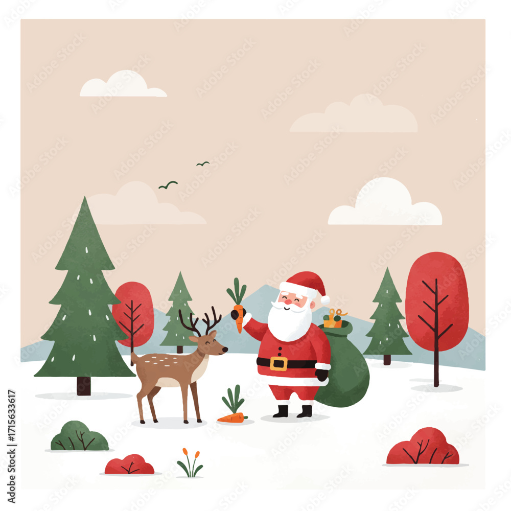 Naklejka premium Santa Claus feeding a deer carrots in a snowy forest
