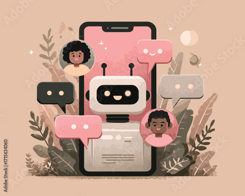 ベクトルスタイルのシンプルなイラストレーション：AIチャットボットとユーザー