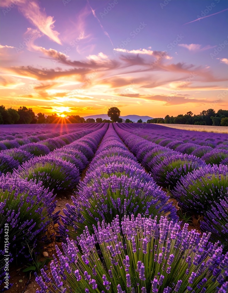 Naklejka premium Lavender field at sunset. Vast, vibrant purple