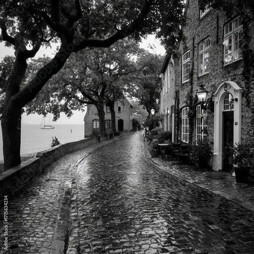 Black and white photo of a tree-lined coastal cobblestone street