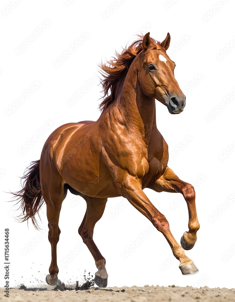 Fototapeta premium A chestnut horse in full gallop, showcasing its powerful physique and majestic movement against a pristine white background.