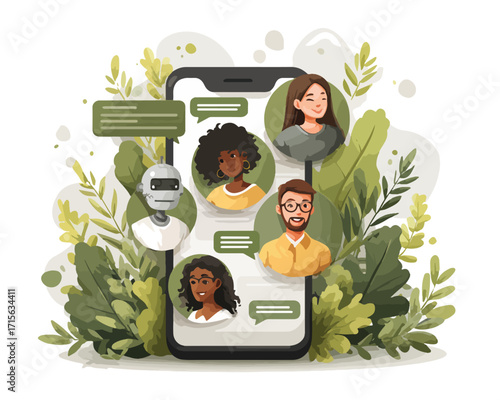 スマートフォン上のベクターイラストレーション：チャット、AI、植物モチーフ