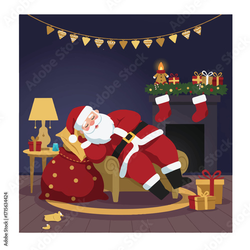 Santa napping in a chair near a fireplace
