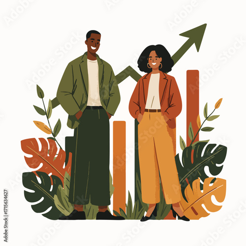 ビジネスの成長と成功を象徴する、多様なチームが協力し合う現代的なキャリアパスを描いたベクターイラストレーション。