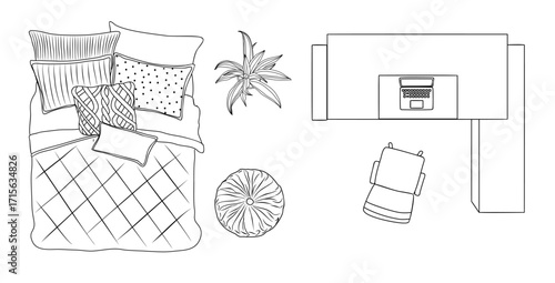 Vector line art of bedroom interior top view with double bed, home office desk, laptop, chair, and potted plant. Minimal outline drawing of modern room design isolated on transparent background