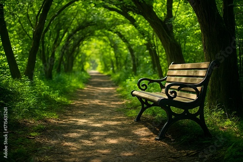 Wooden Bench on a Path in a Lush Green Forest