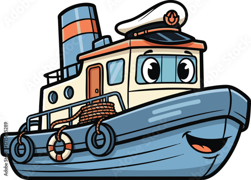 Cartoon tugboat with smiling face floats on calm water, creating a playful and cheerful scene. featuring stunning details and textures.