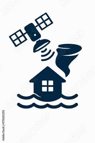 A vector graphic of a satellite providing communication during a disaster, in solid colors with a white background
