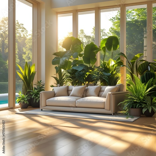 Sunny and Modern Living Room with Lush Indoor Plants