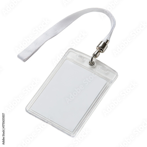 Blank white plastic ID card with white lanyard