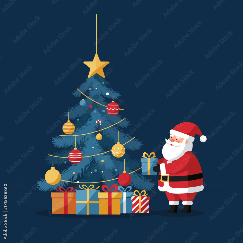 Fototapeta premium Santa Claus decorates a blue Christmas tree surrounded by gifts