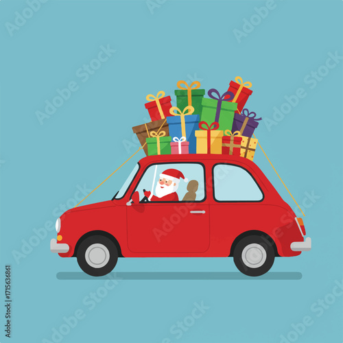 Santa drives a red car overloaded with Christmas gifts