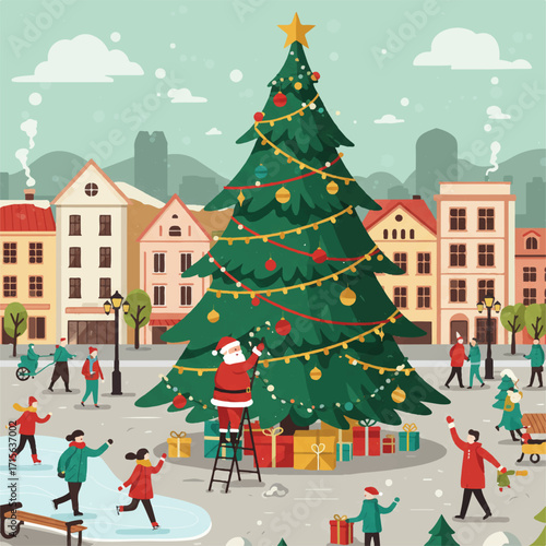 Santa decorates a Christmas tree in a snowy town square with people ice skating