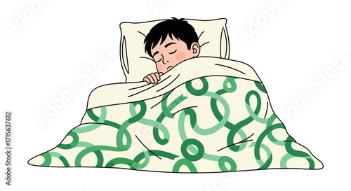 A Peaceful Slumber Illustration of a Young Boy Sleeping Comfortably Under a Quilt