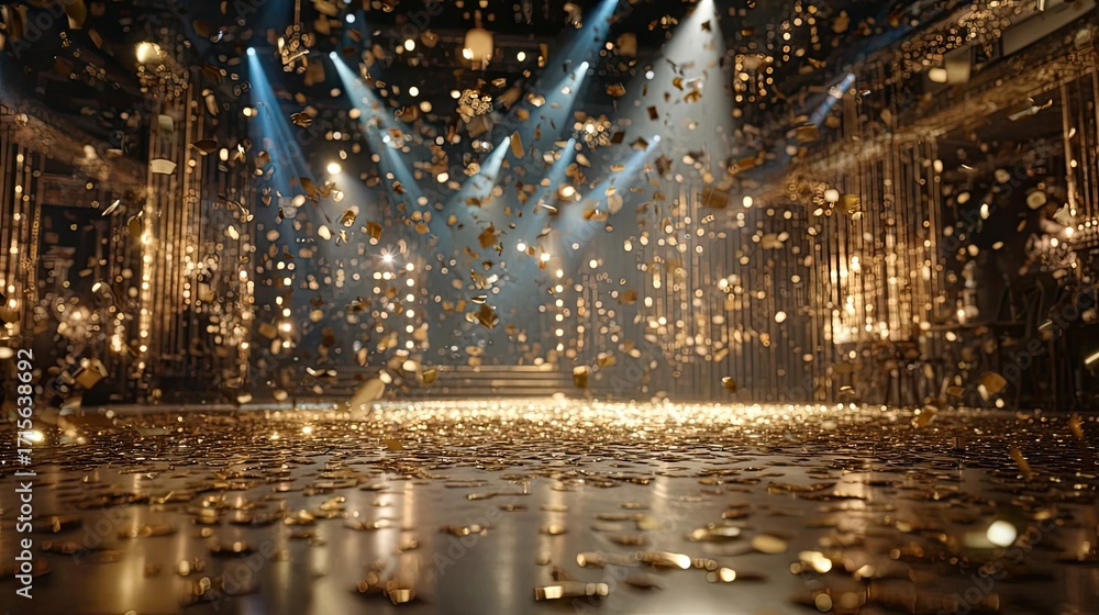 Obraz premium Golden confetti rain on festive stage with spotlight concept. A vibrant celebration scene with sparkling confetti and stage lights.
