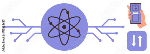 Atom icon linked with circuit branches, person holding smartphone, and data transfer arrows. Ideal for technology, innovation, science, networking, research data sharing automation. Simple flat