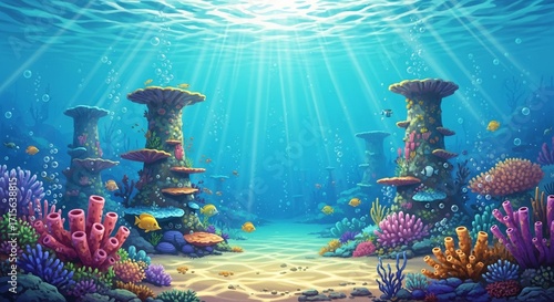 A cartoon underwater scene depicts a colorful coral reef teeming with various fish under bright, sunlit blue waters with floating bubbles.