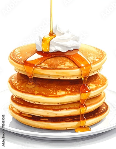 Stack of pancakes topped with whipped cream and syrup (2)