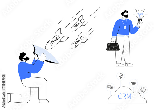 Man shielding CRM cloud from DDOS missiles, colleague holding lightbulb. Ideal for cybersecurity, cloud defense, technology, innovation, teamwork, problem-solving, simple flat metaphor