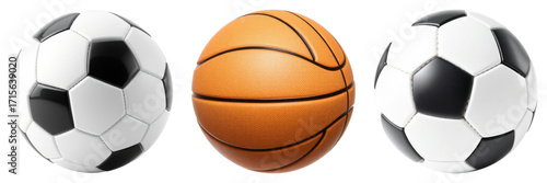 Sports equipment collection: Football soccer balls and basketball presented side-by-side on transparent background