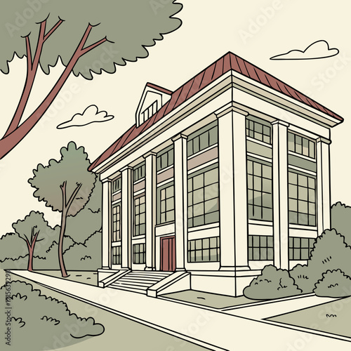 Illustration of a classic university building with trees and bushes
